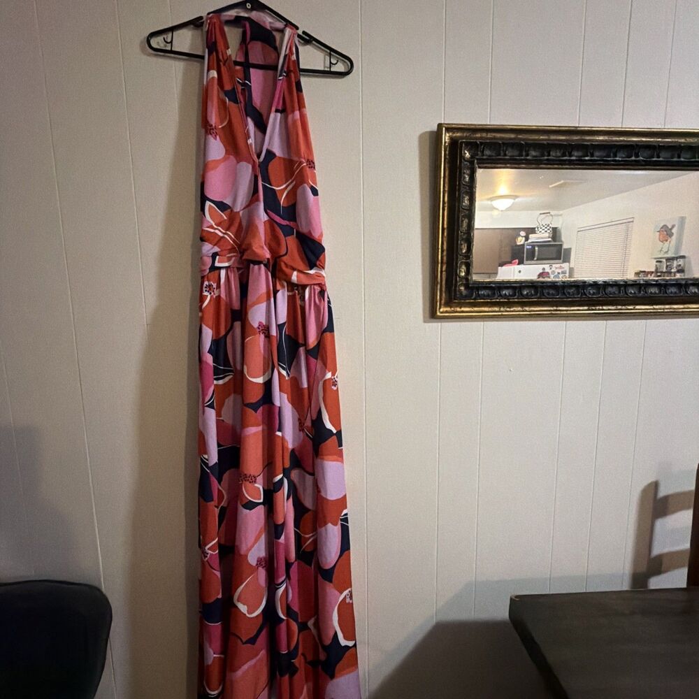 SHEIN Print Halter Cutout Maxi Dress Women's Size Large Y2K Boho Beachy